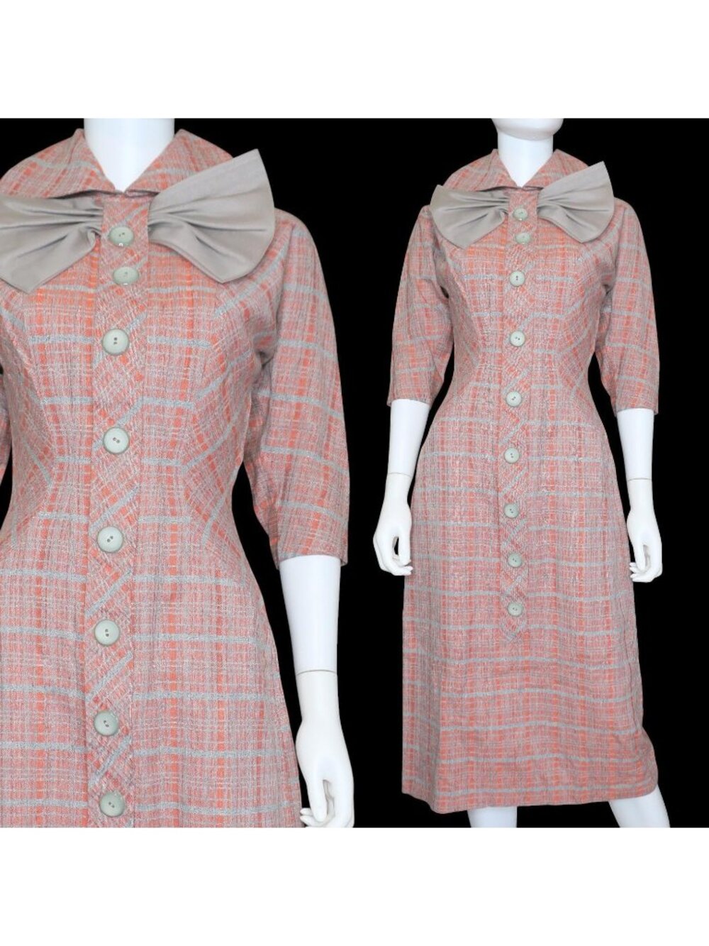 Vintage 60s Secretary Midi Dress Bow Neck Red Gray 3/4 Sleeve Women's Small